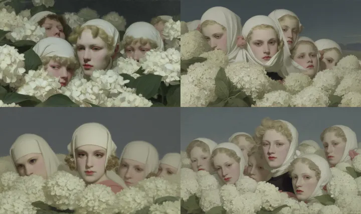 A field of white hydrangea flowers, a few women's 