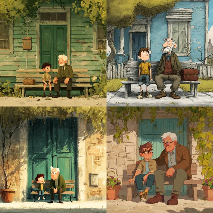 a boy and his grandpa on a bench in front of grand