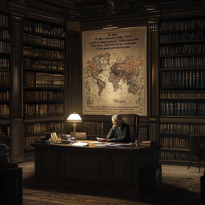 "A dark , imposing study room within a royal palac