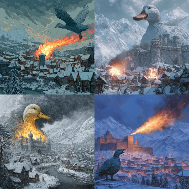 a kaiju duck looming over a snowy medieval fortife