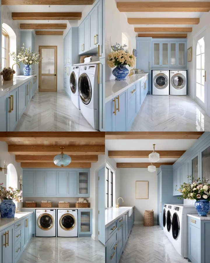 head on shot of large light blue laundry room with