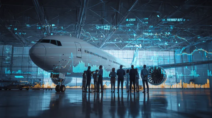 a group of investors inside a hangar looking at a 