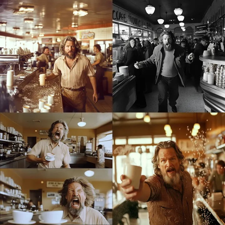 Jeff Bridges as The Dude sat in a coffee shop . He