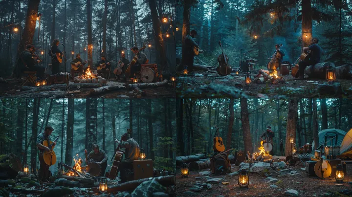 cinematic wide shot of a folk band setting up thei