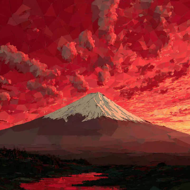 mt. Fuji in Playstation 1 graphics, polygon, red s