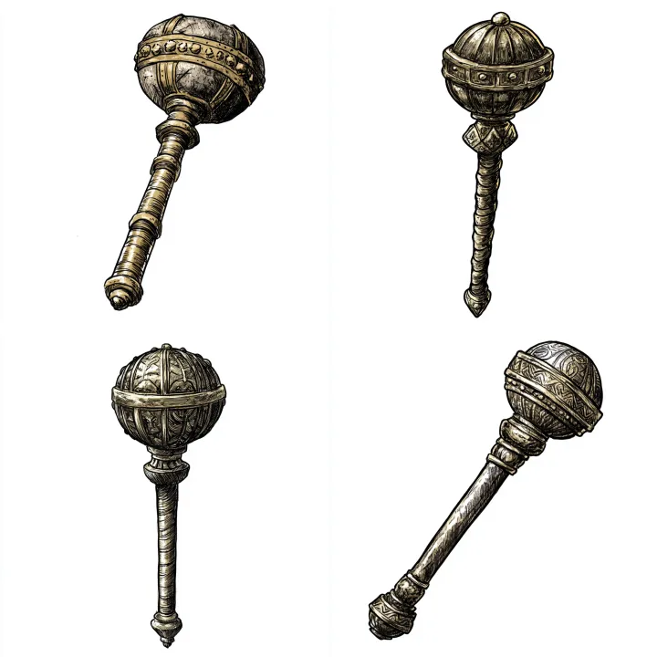 a magical mace with gold trim , colored details , 