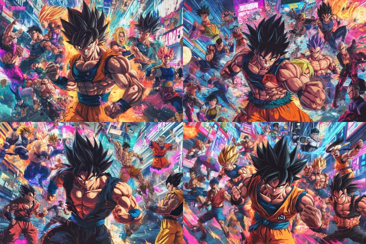 A wide shot of an anime -style group of Dragon Bal