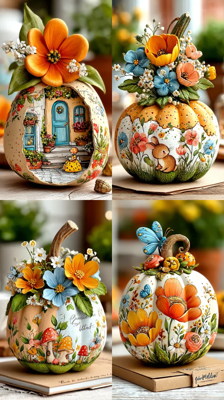 A pastel-colored pumpkin with hand-painted flowers
