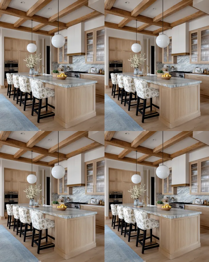an elegant grand kitchen with oak ceiling beams. r