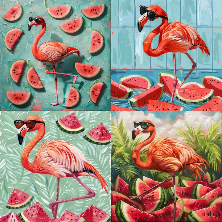 A coral flamingo wearing sunglasses, standing on one leg in a pool of watermelon slices
