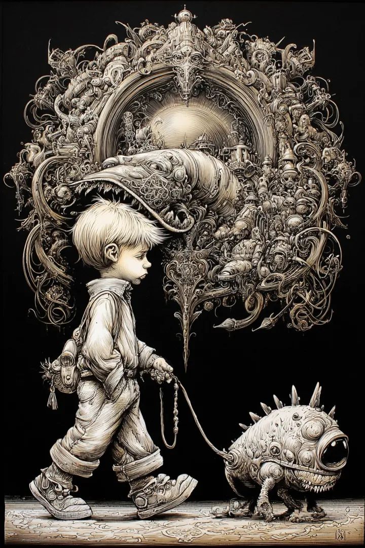Boy taking his pet monster for a walk, leash, styl