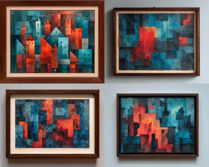 a framed painting in the style of paul klee, depic