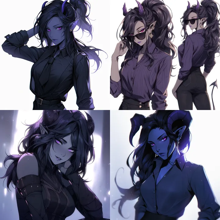 female tiefling, purple skin, purple eyes, and sho