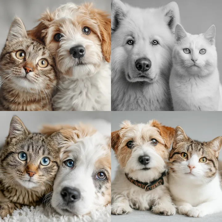 Pure white background with a cute cat and dog. Rea