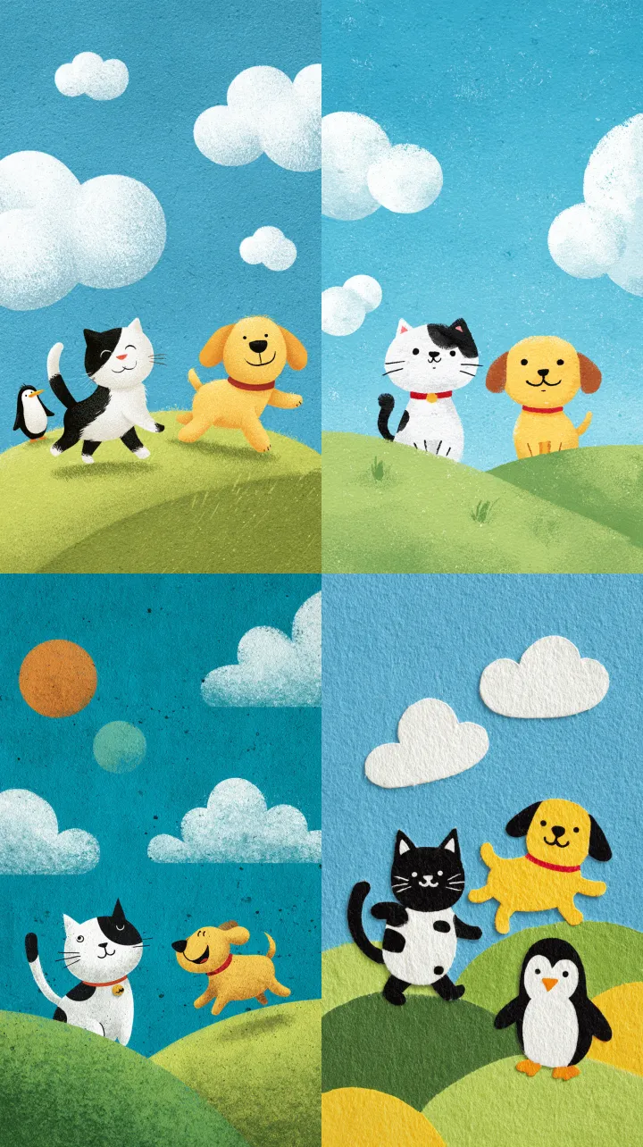 cute cats and penguins playing on the grass, flat 