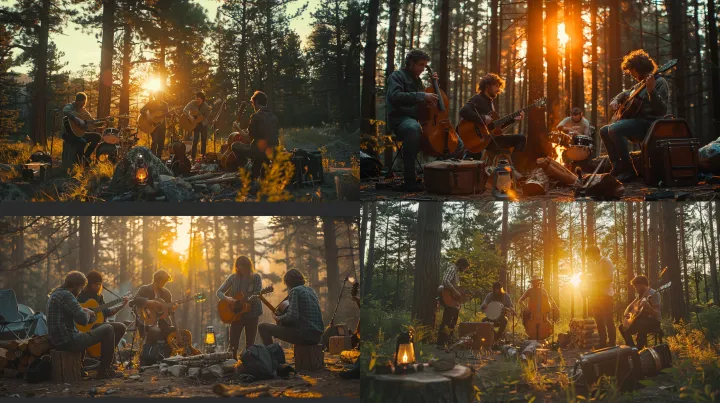 cinematic wide shot of a folk band setting up thei