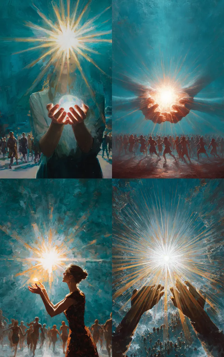 A woman in the center holding pure sunlight in her