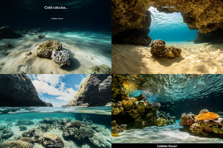 Underwater view of coral reef , rocks and sand bot