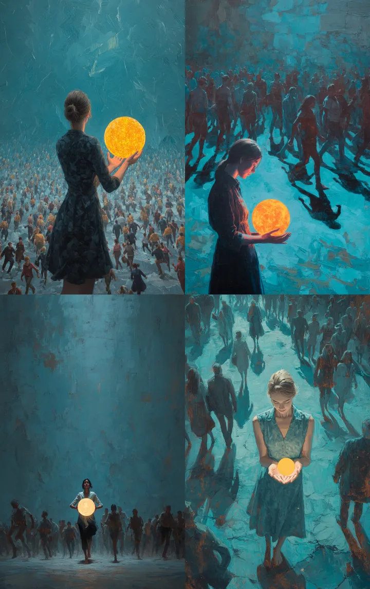 In the center, a woman is holding a real sun in he