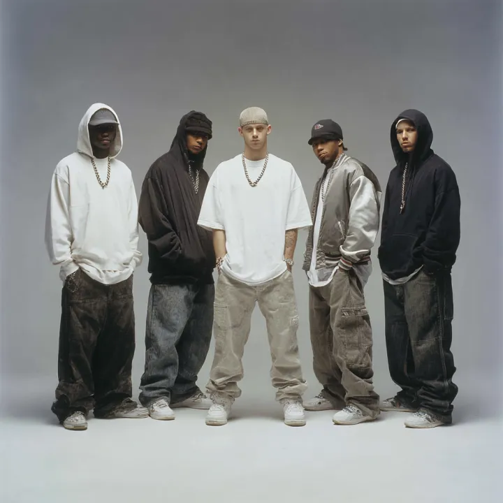 A realistic full-body group photo of men and women