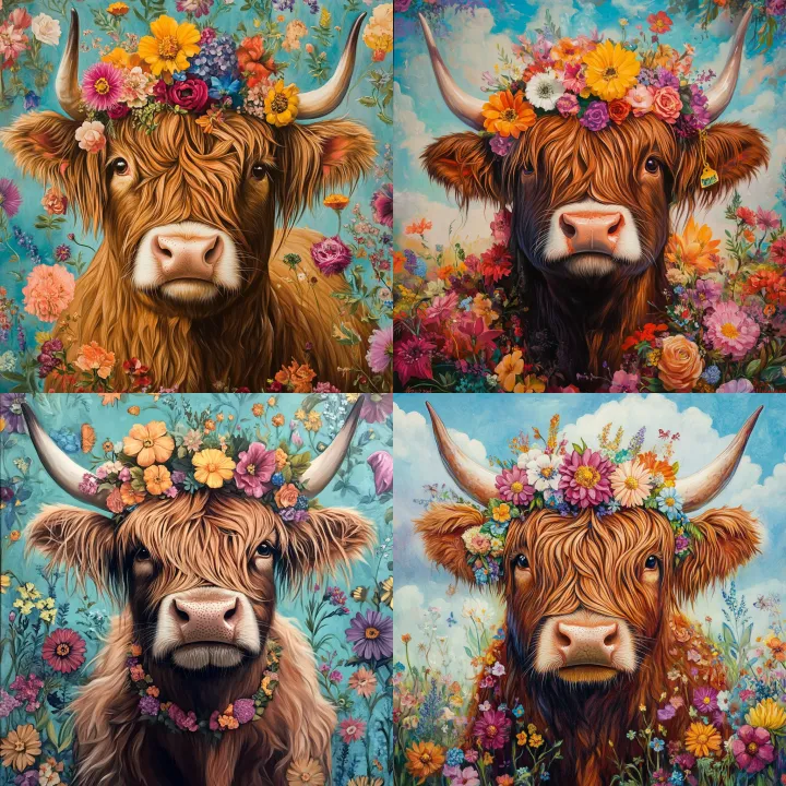 A highland cow with flowers in its hair, a colorfu