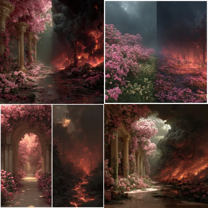 a scene, heaven with beautiful pink flowers and a 