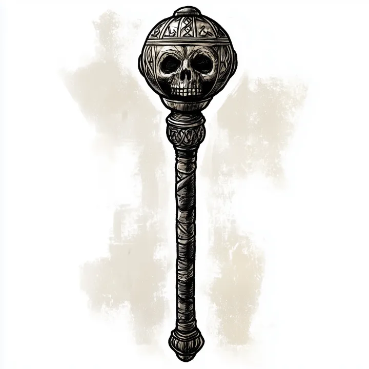 A mace with a head shaped like a skull , crafted f