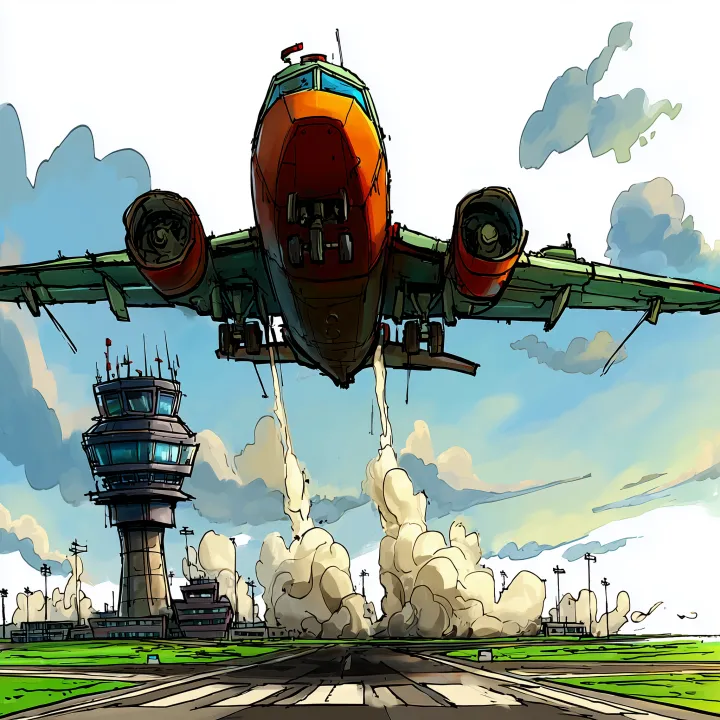 Cartoon style illustration of an airplane taking o