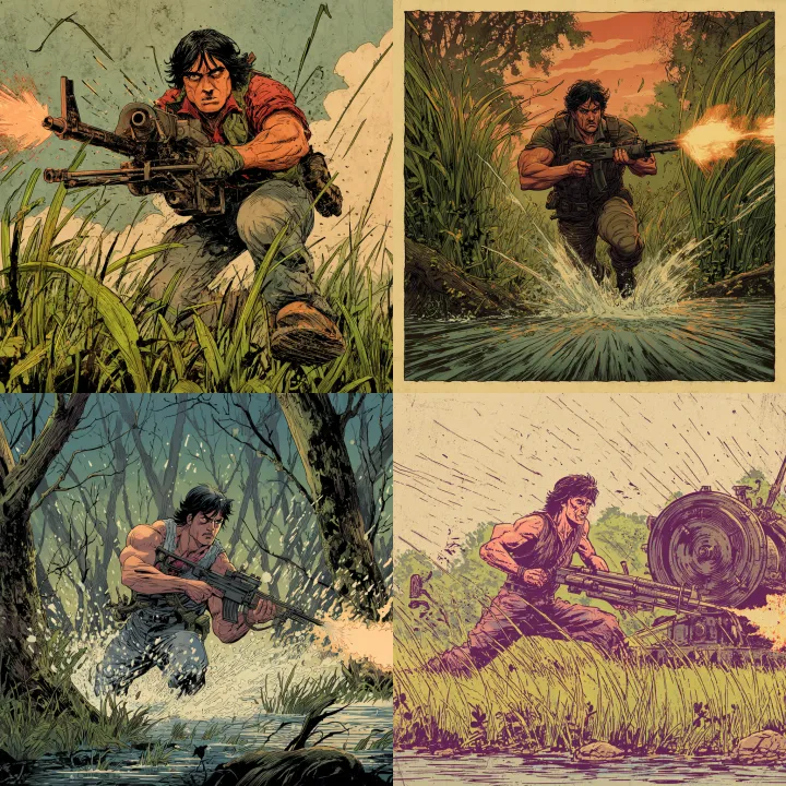 comic book illustration of Rambo running through t