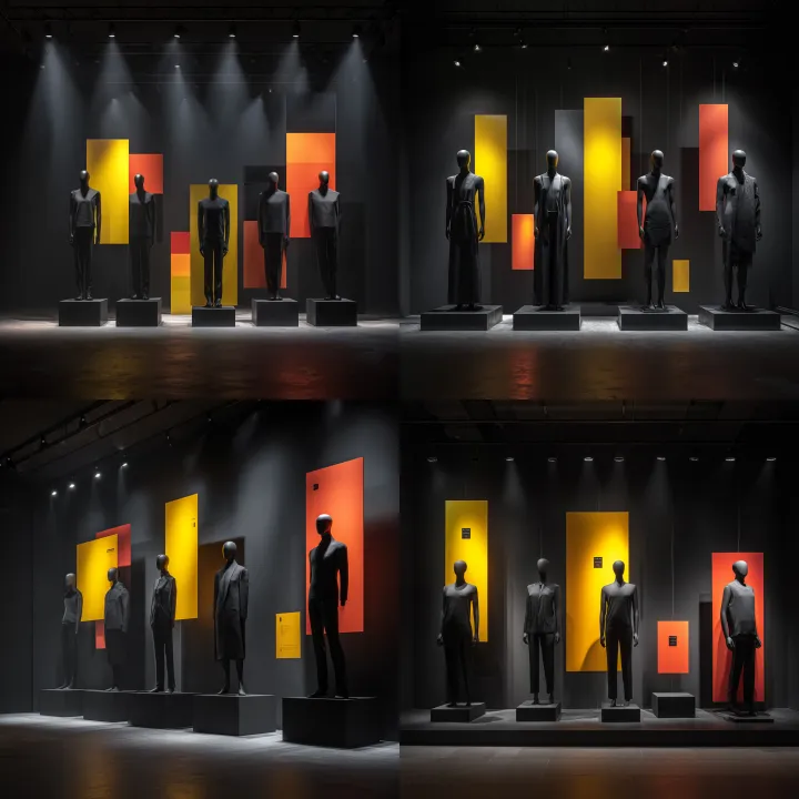 five black matte full body mannequins in a dark en