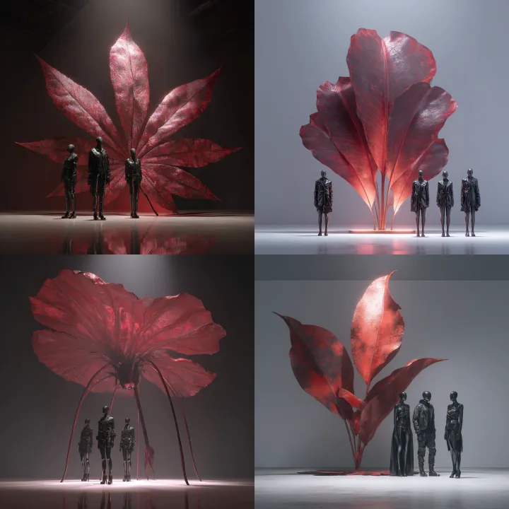 a large red metallic plant-like leaf stands on the