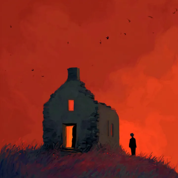 minimalistic illustration an old crumbling house w