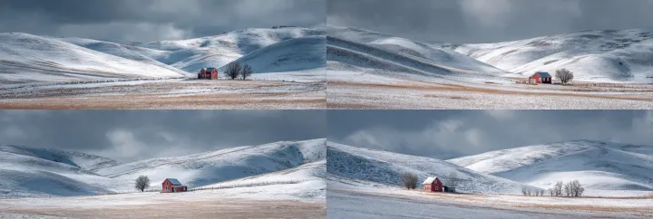 snowy hills with small red farmhouse in forwground