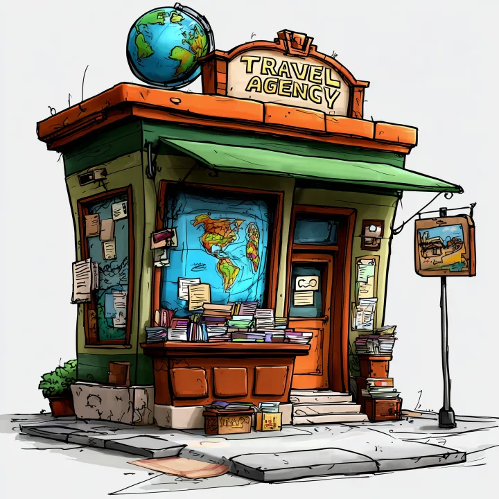 Cartoon style illustration of a travel agency shop