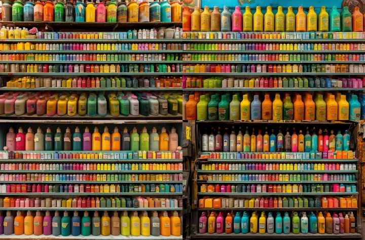 a supermarket shelf is filled with colorful spray 