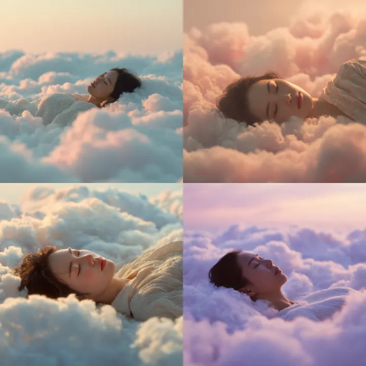 A beautiful asian woman lying on a soft cloud bed 