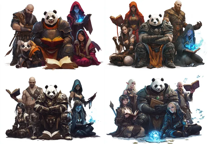 5 fantasy characters, an armored panda warrior in 