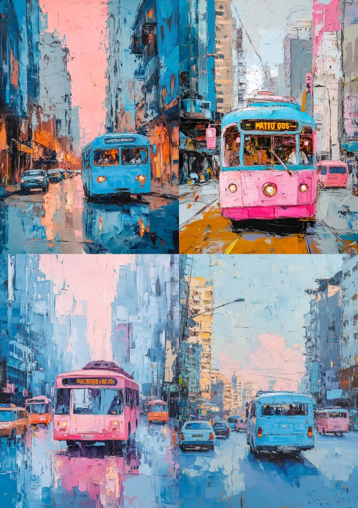 A light blue and baby pink Oil painting of Matatus