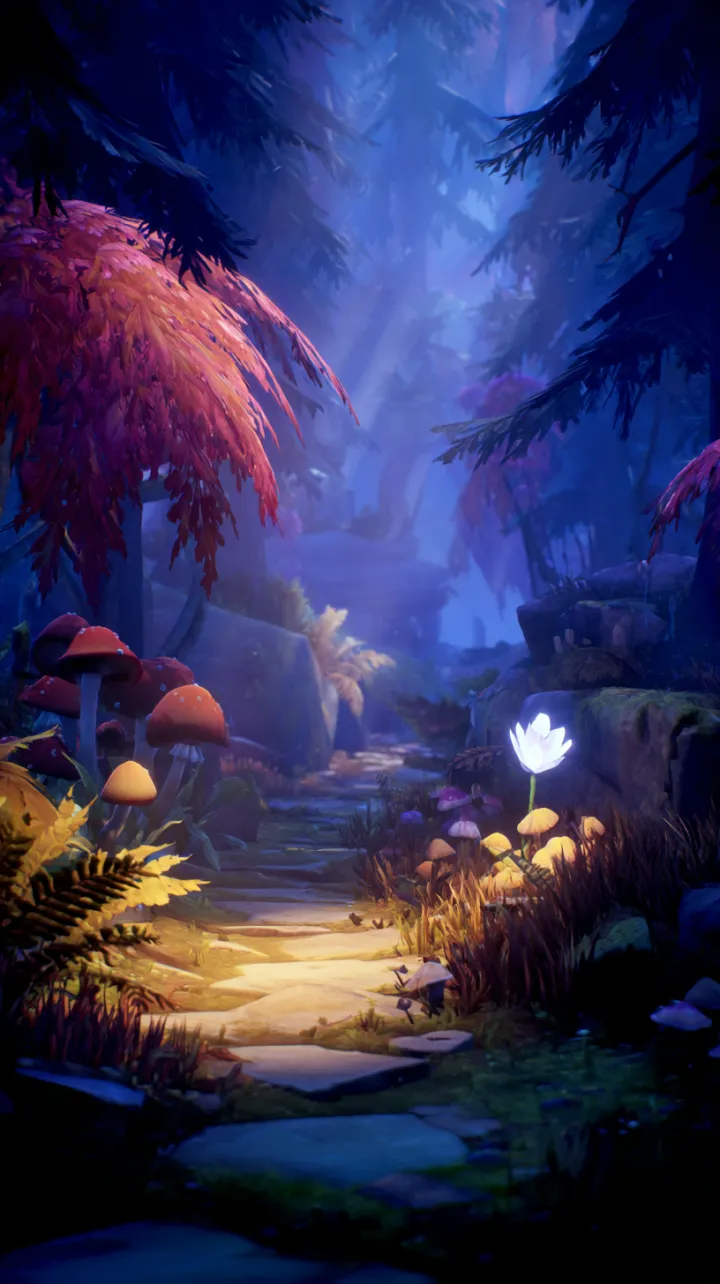 a path winds through a brightly lit, magical fores