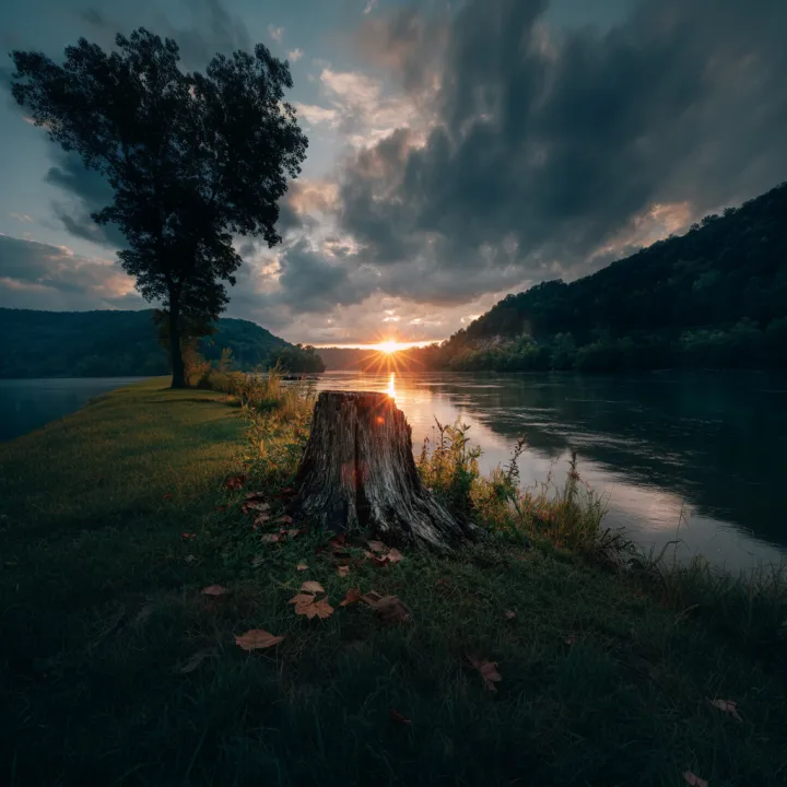 sun setting over a river in west virginia with a t