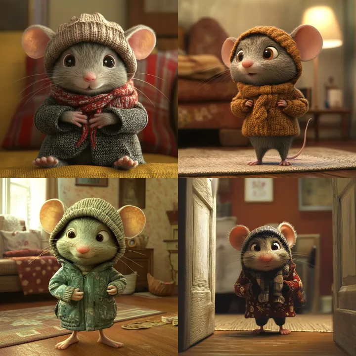 very tired boy mouse dressed in human winter cloth