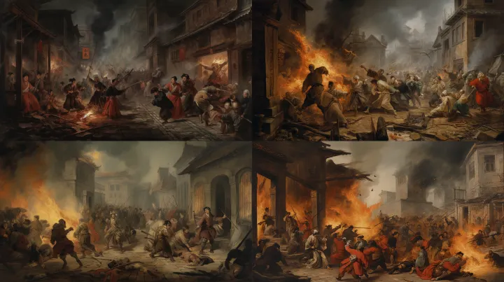 17th century chaotic china street scene, men in tr