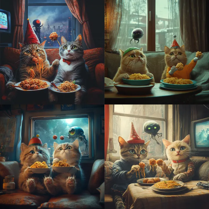 Two cats sitting on a couch, eating spaghetti and 