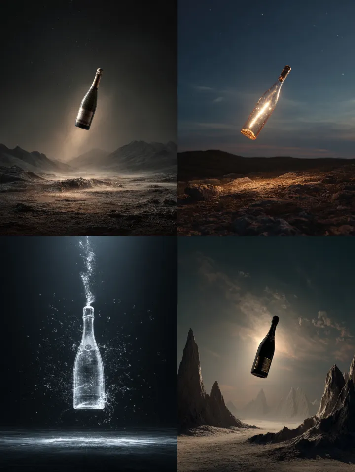 surreal champagne bottle levitating in the air, ch
