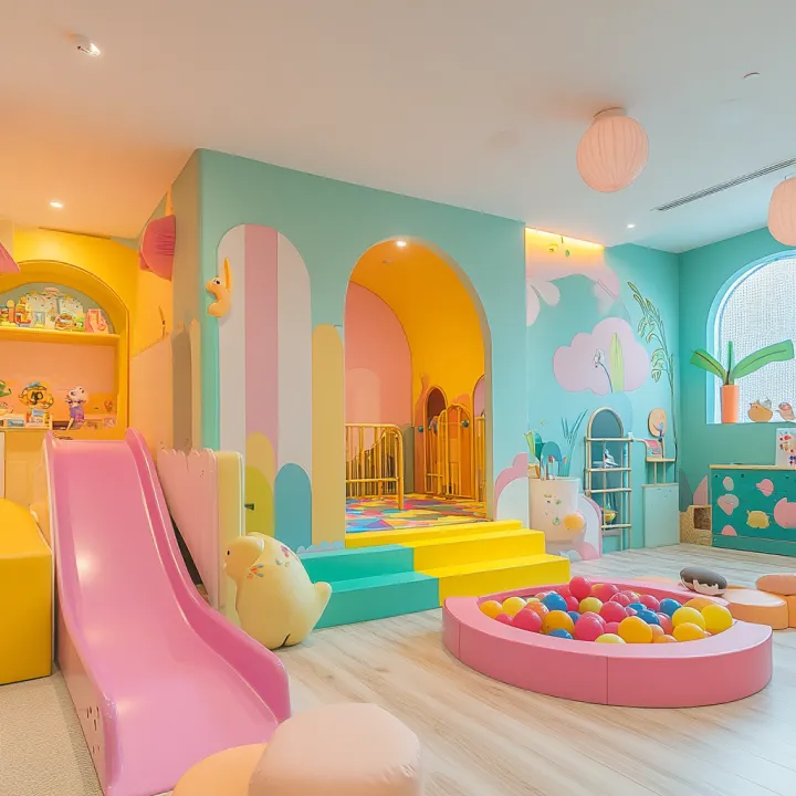 indoor play area for kids with a jungle gym , slid