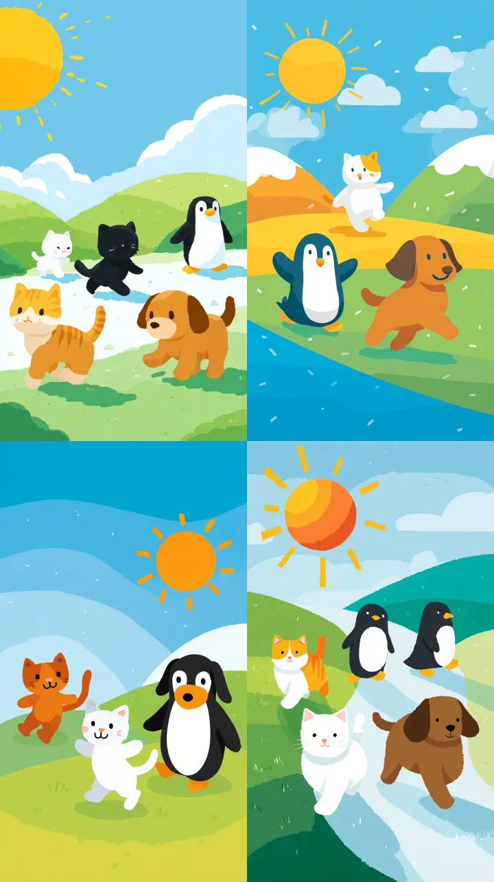 cute cats and penguins playing on the grass, simpl