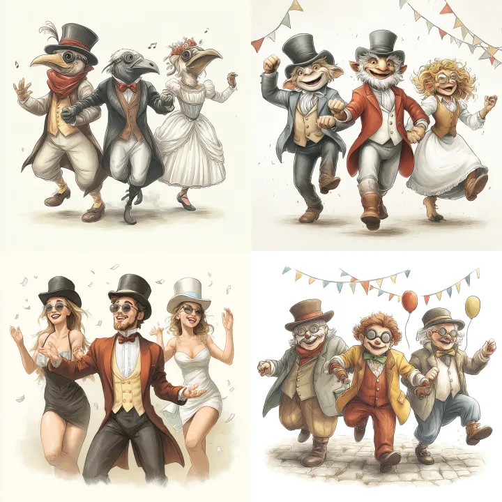 3 weirdos in fancy dress, all dancing about, obscu