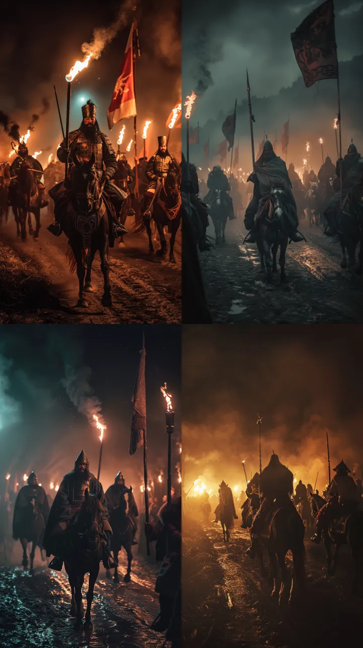 A dark and dramatic scene of Genghis Khan's funera
