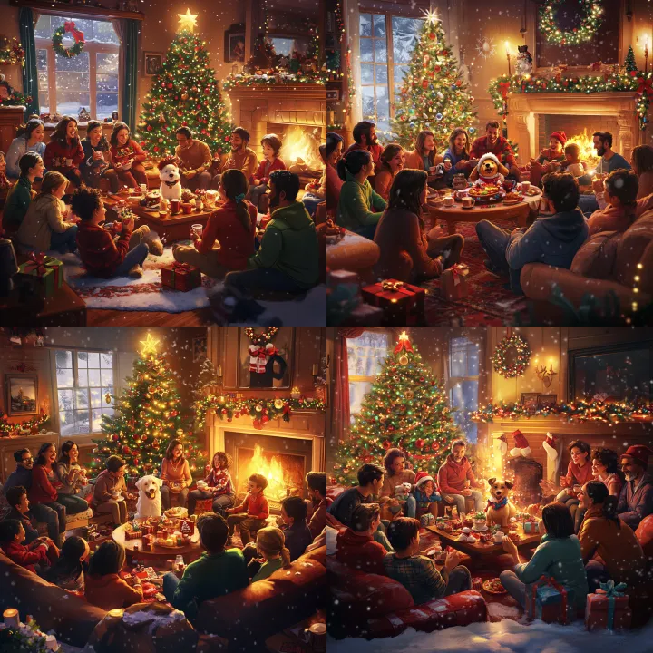 A cozy , realistic holiday scene : a warmly lit li