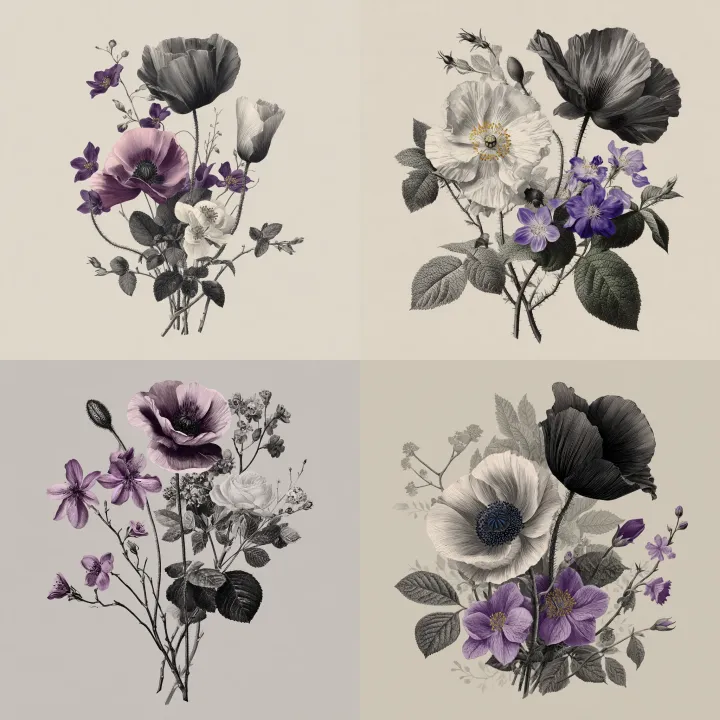 a flower bouquet with one poppy flower, small viol